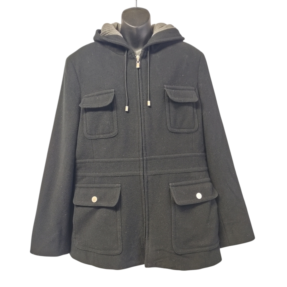 Fleet Street Ltd Womens Black Hooded Zip Up Wool Blend Pea Coat Jacket Size L